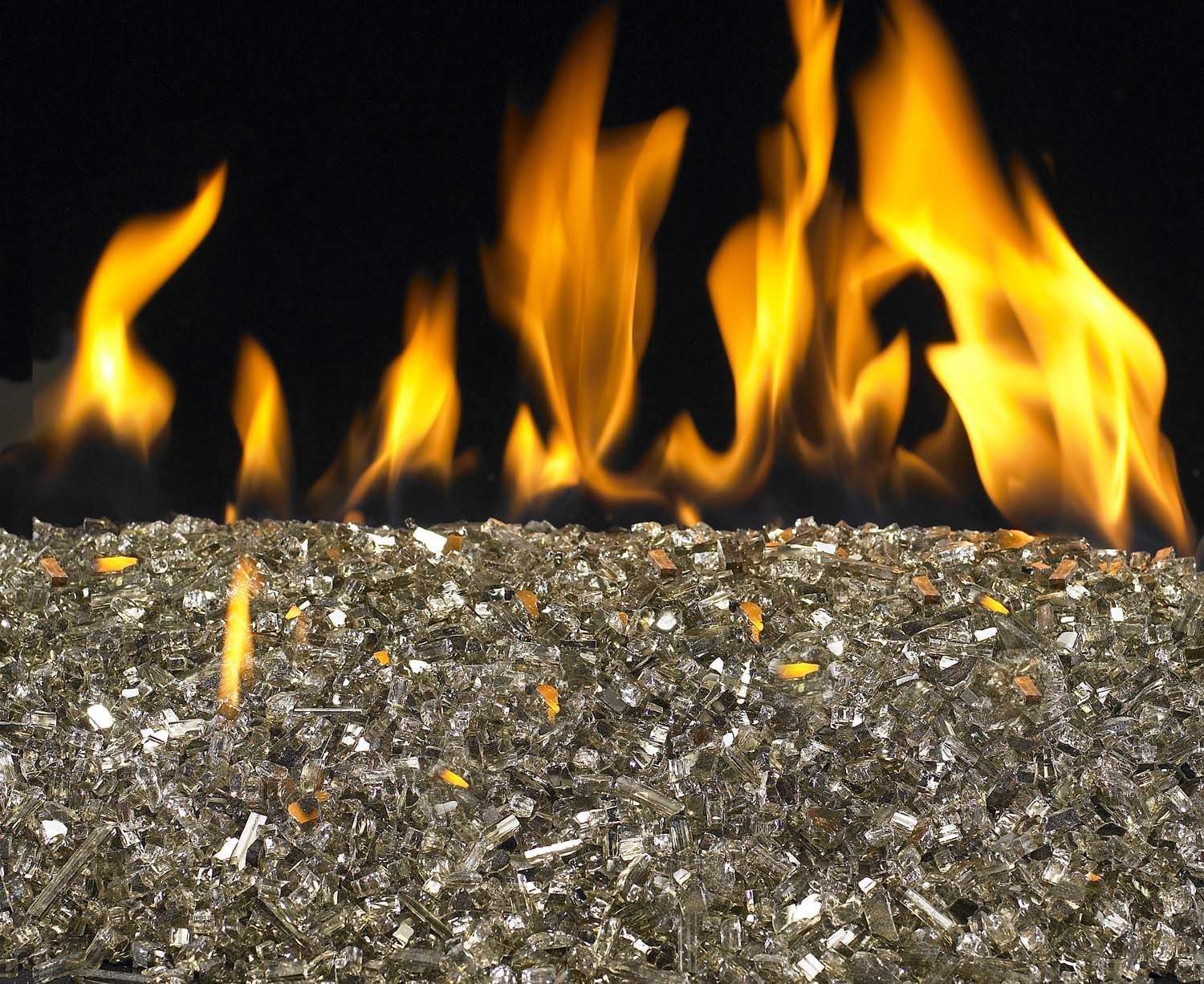 Vented burner flames rising from silver and black glass media