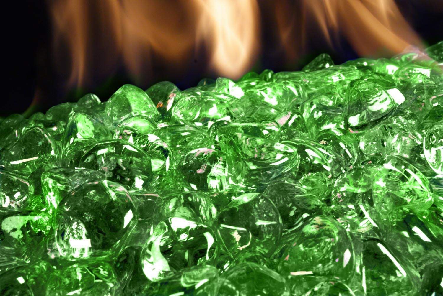 Emerald green diamond fire glass nuggets, clear faceted pieces