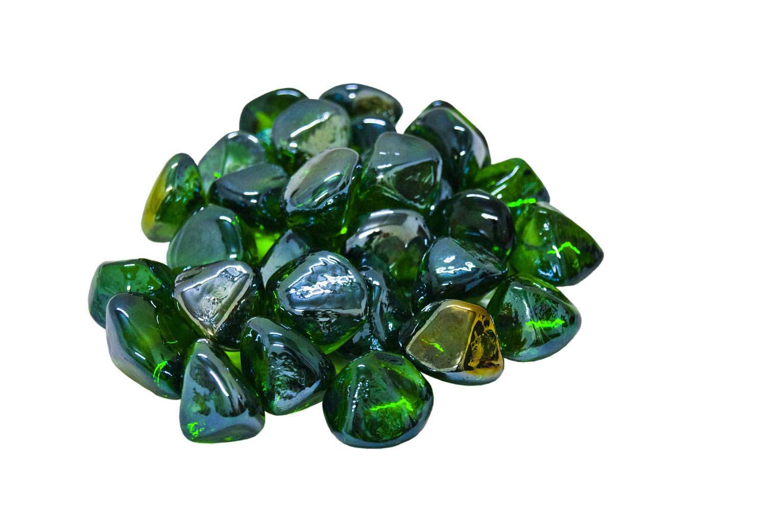 Dark emerald green fire glass nuggets, faceted clear and smoky stones