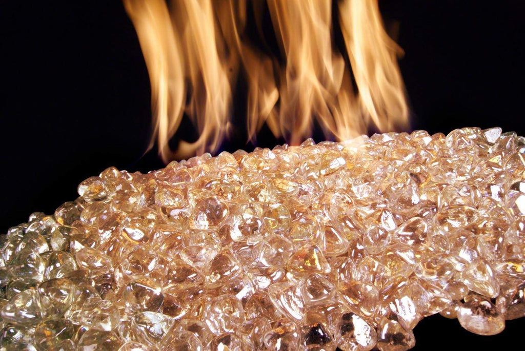 Rose diamond nugget fire glass with flames rising above clear sparkles
