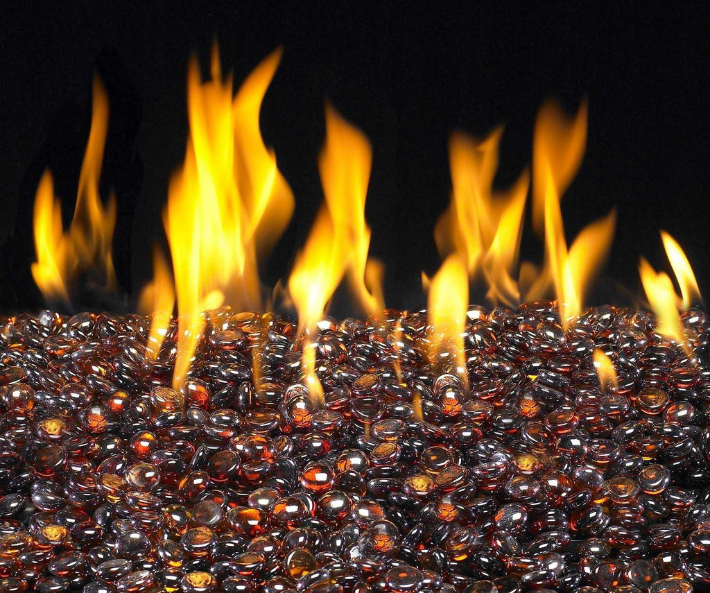 Fire glass gems in dark amber, surrounded by flames