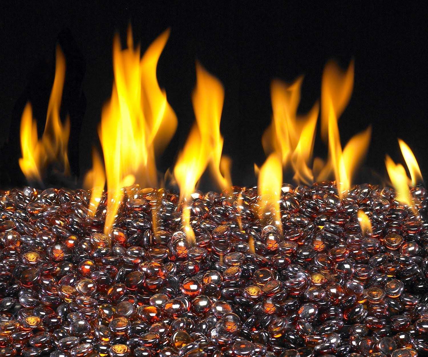 Fire glass gems in dark amber, surrounded by flames