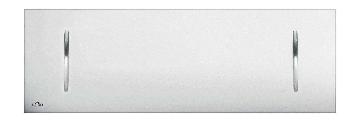 Brushed stainless steel fireplace cover with two vertical handle cutouts and Napoleon logo