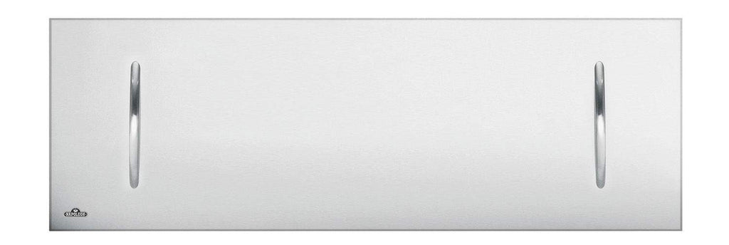 Brushed stainless steel fireplace cover with two vertical handle cutouts