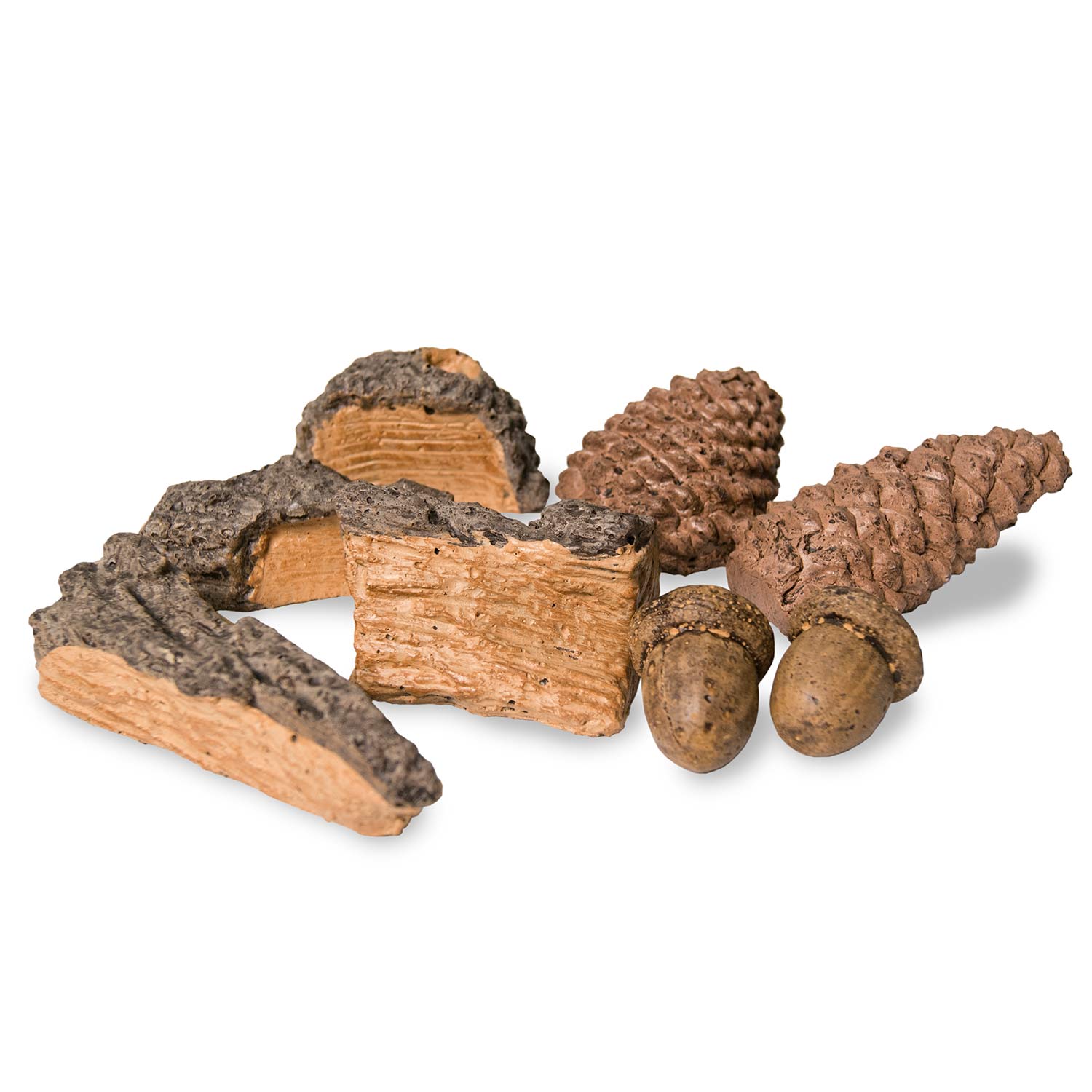 Decorative wood chip set with pine cones and acorns, natural brown