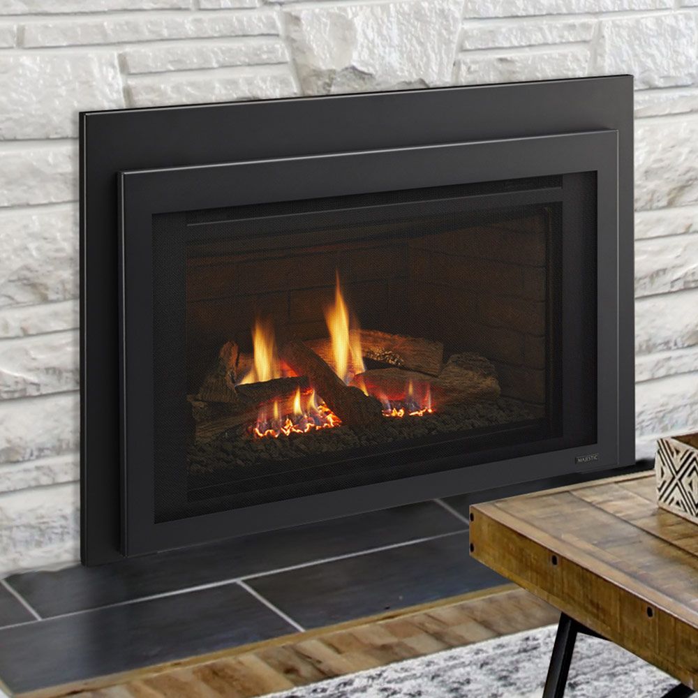 Black Majestic gas fireplace insert with visible flame viewing window and logs