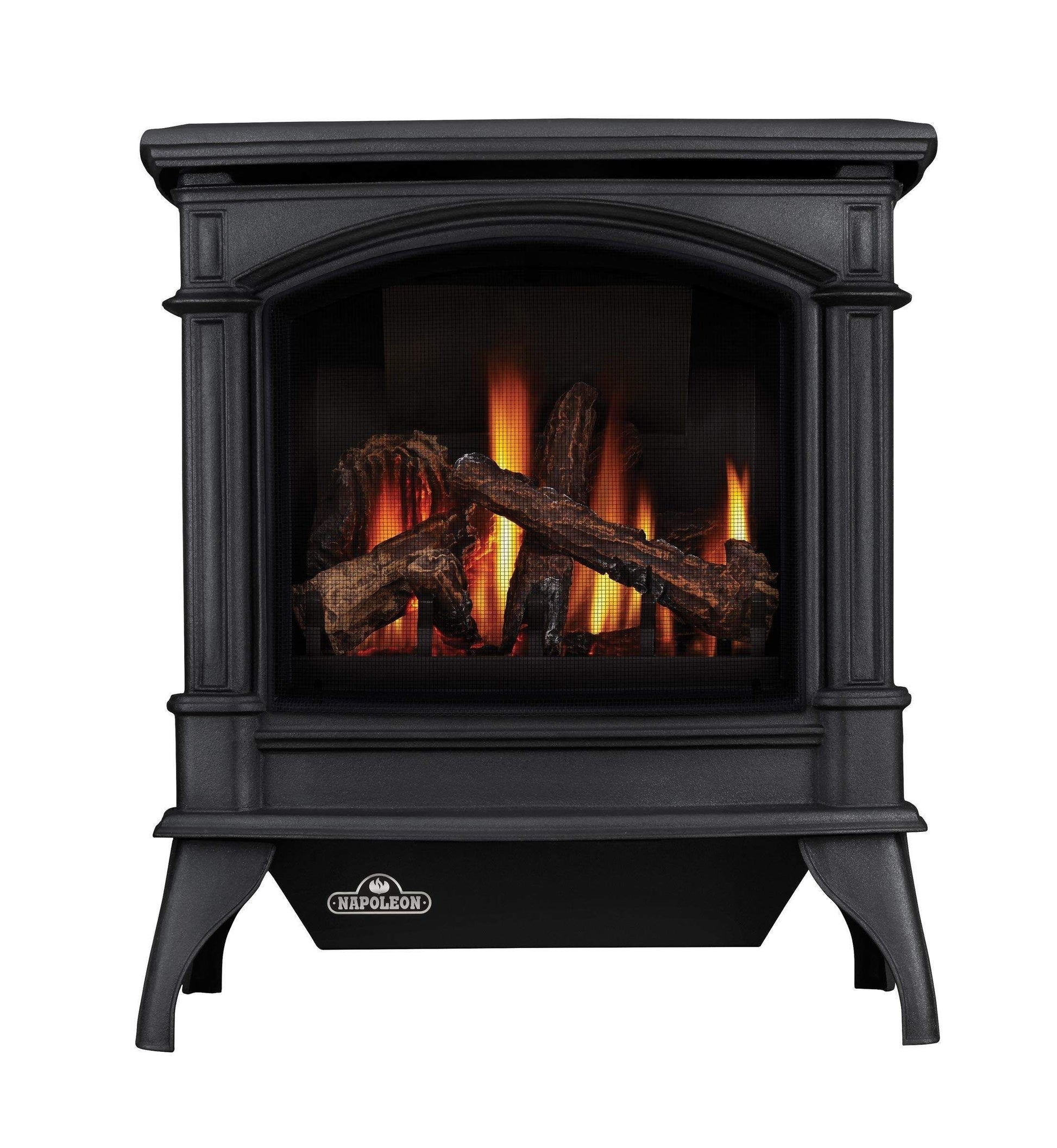 Black cast iron gas stove with arched glass firebox and burning logs
