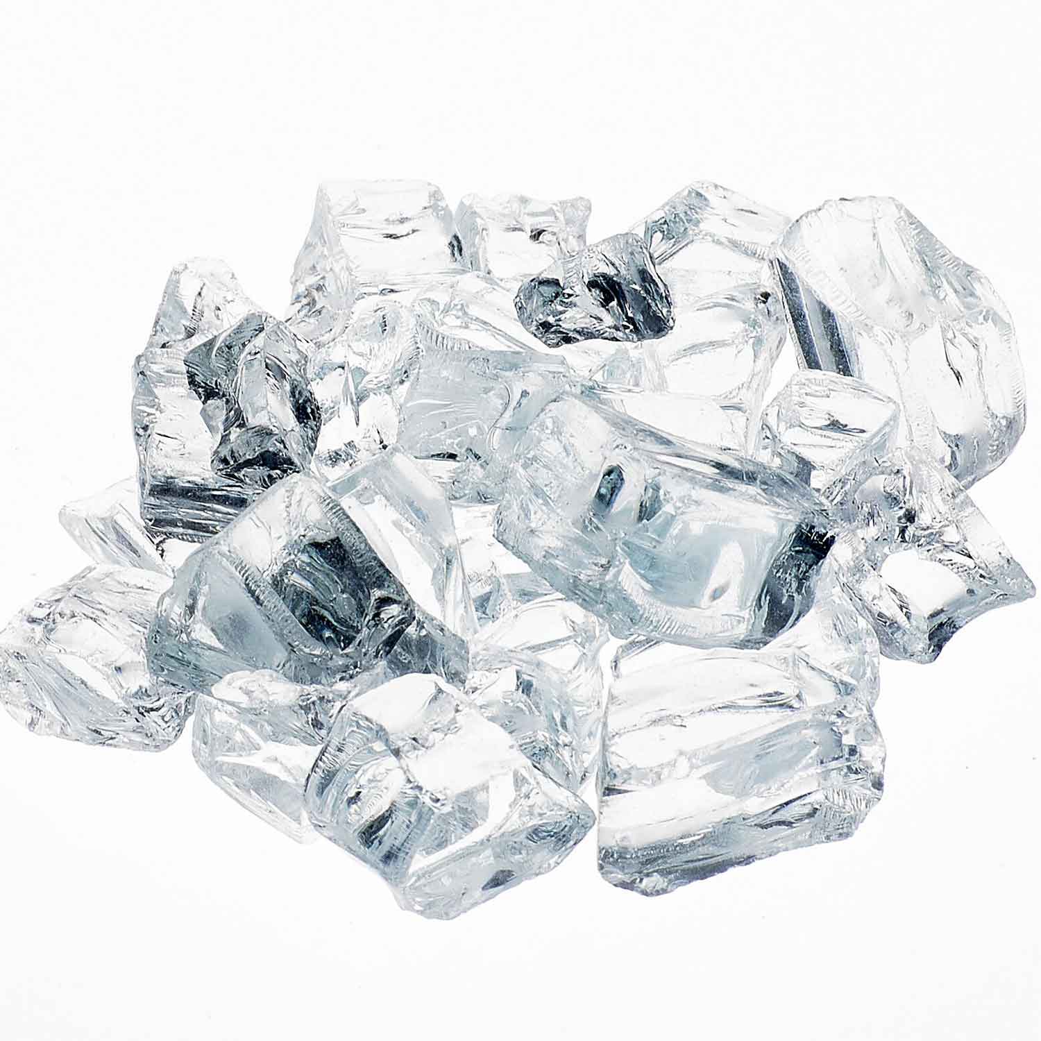 Reflective fire glass rocks, clear and dark blue tones, 1/2-inch size