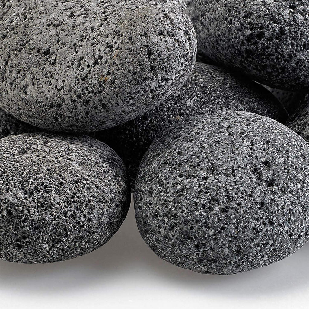 Close-up of gray speckled lava stone pebbles, rounded 2–4 in texture