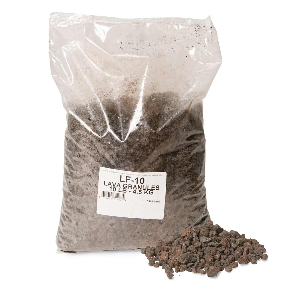 Bag of lava granules for fire features, dark gray-brown, labeled LF-10, 10 lb