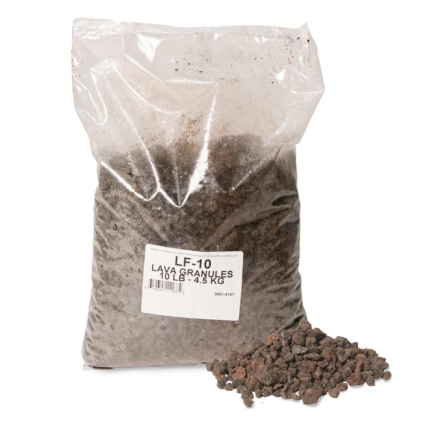Bag of lava granules for fire features, dark gray-brown, labeled LF-10, 10 lb
