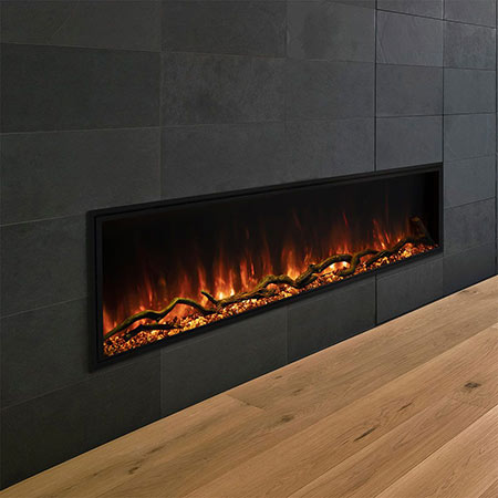 Built-in electric fireplace with ember and orange flame effect, black frame