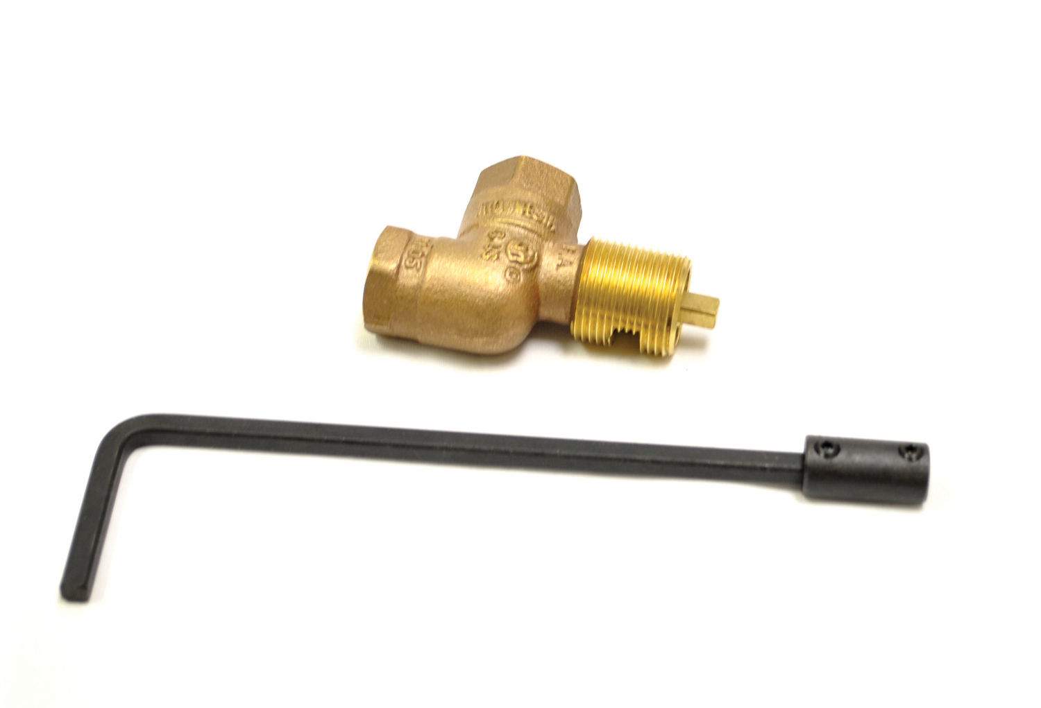 Brass angled manual control valve with extended stem and black hand lever