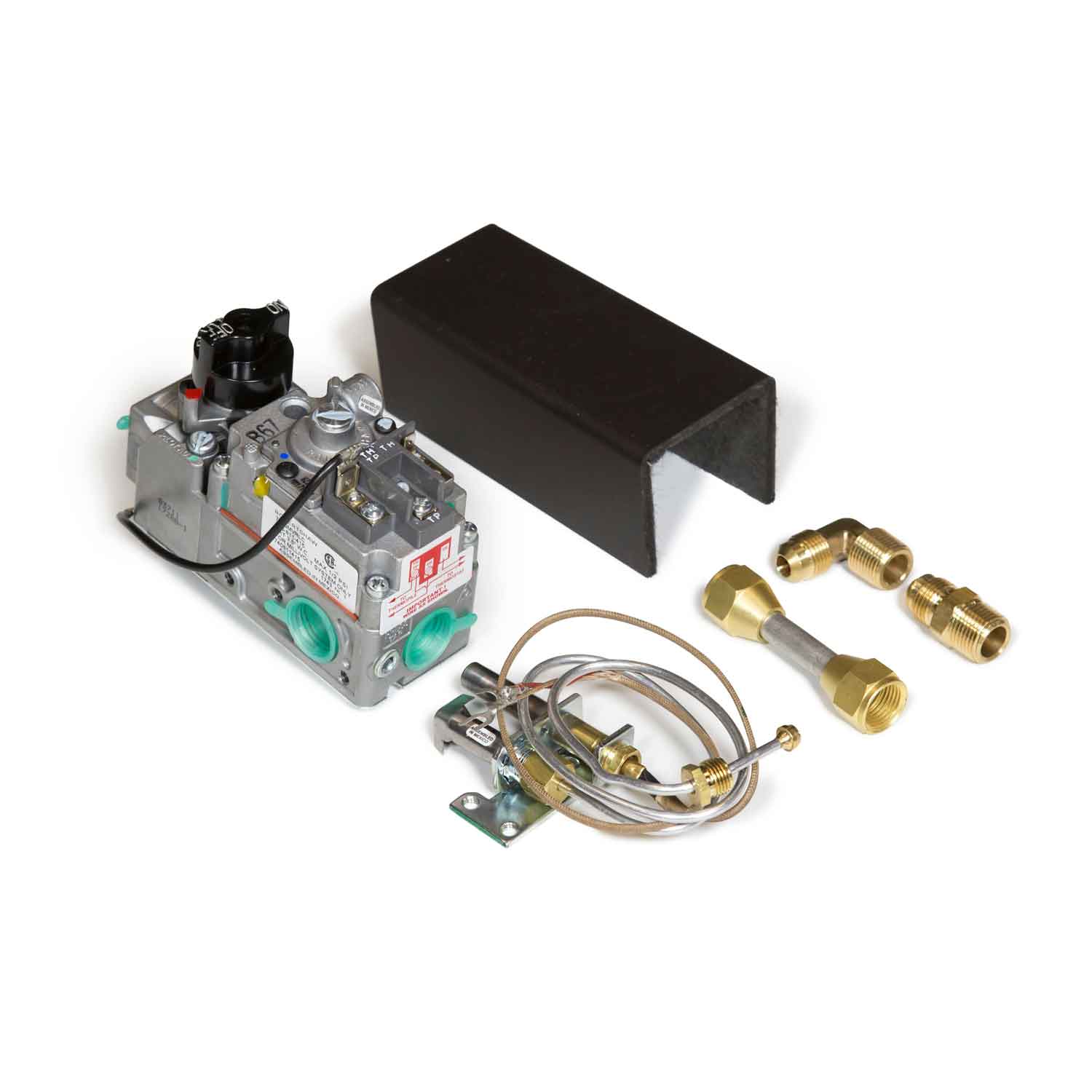 Gas valve control box with hoses and brass fittings, for propane fireplace burner system