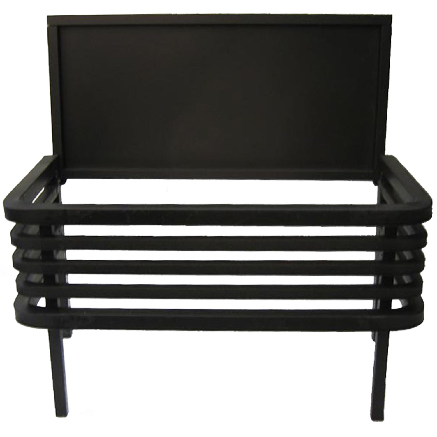 All-steel fire basket with black finish, stacked slat grate and short legs