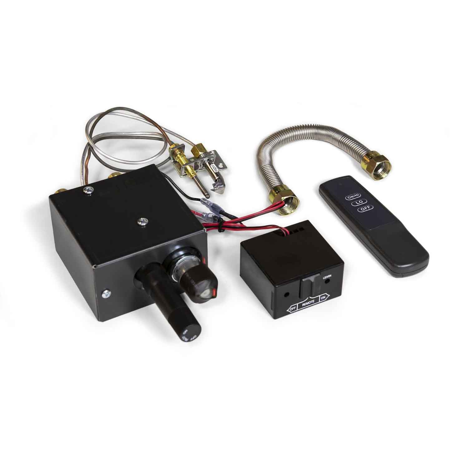 Millivolt gas valve kit with black control module and remote, plus wiring and sensor tube