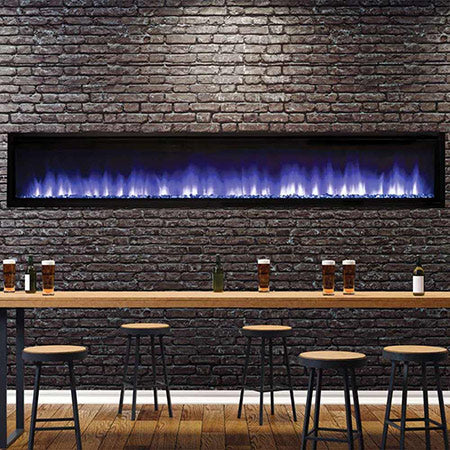 Built-in linear electric fireplace with blue multi-color flame and smoky ember bed