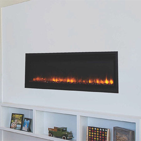 Built-in linear electric fireplace with black frame and glowing ember bed