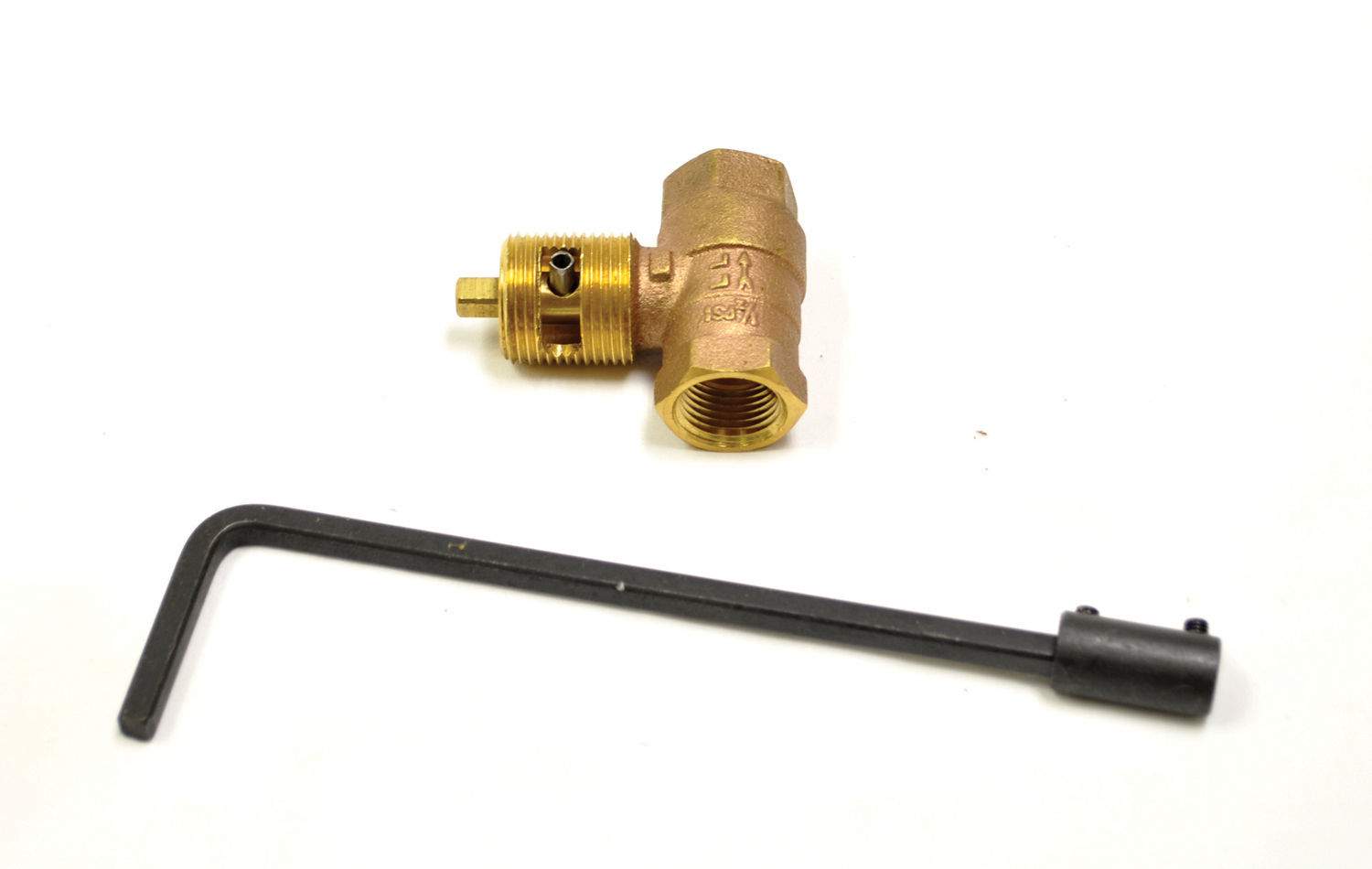 Brass manual control fire valve with black extension handle and straight inlet