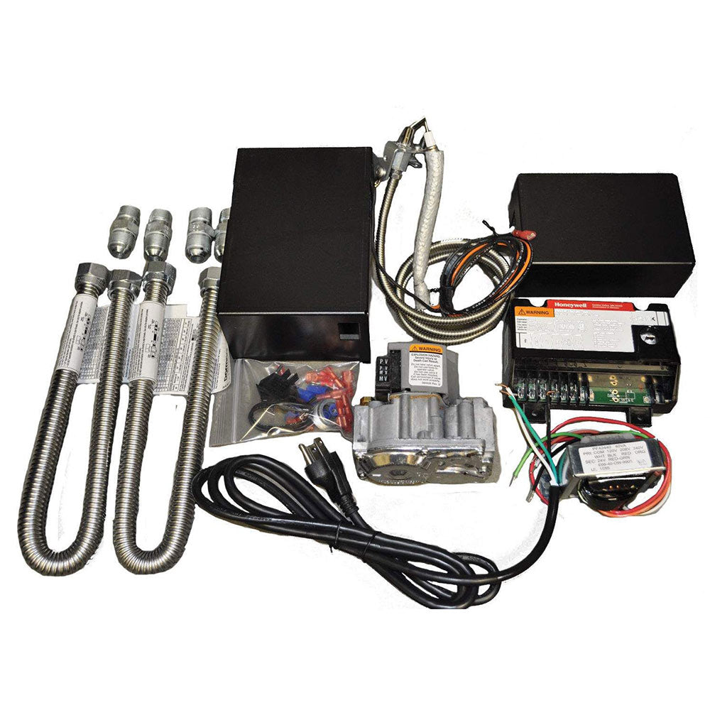 Honeywell electronic ignition valve kit with wiring harness, control modules, and metal flex hoses