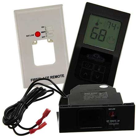 Fireplace remote control with thermostat kit, black LCD, buttons, and wiring leads