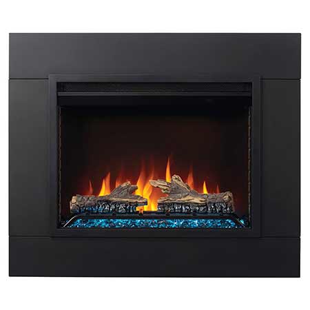 Black electric fireplace insert with flame effect, logs, and blue crystal media bed