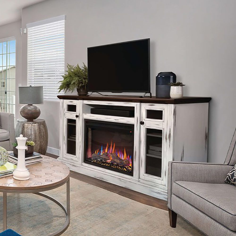 Distressed white electric TV stand with fireplace insert and two glass-front cabinets