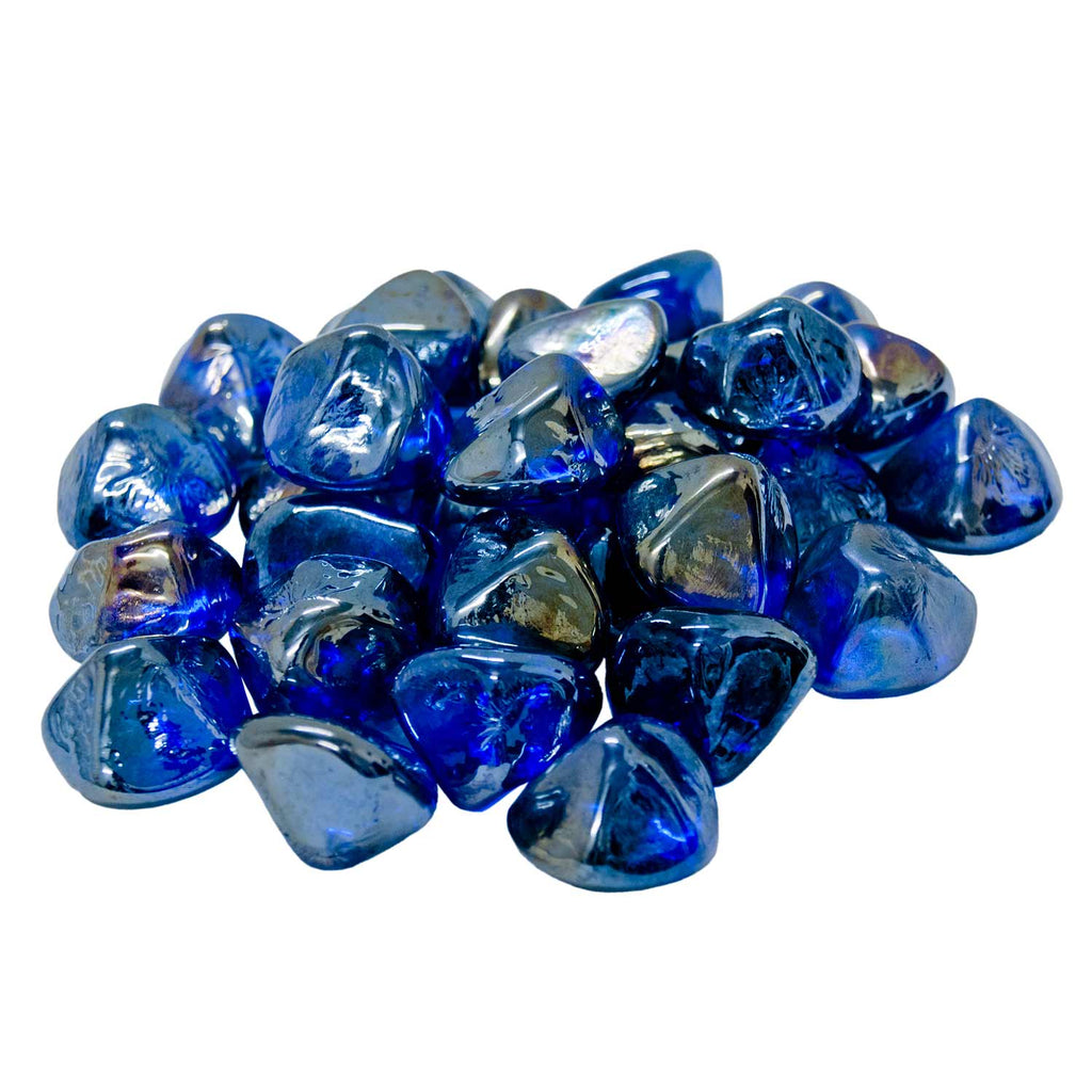 Blue glass diamond fire pit nuggets, irregular rounded stones