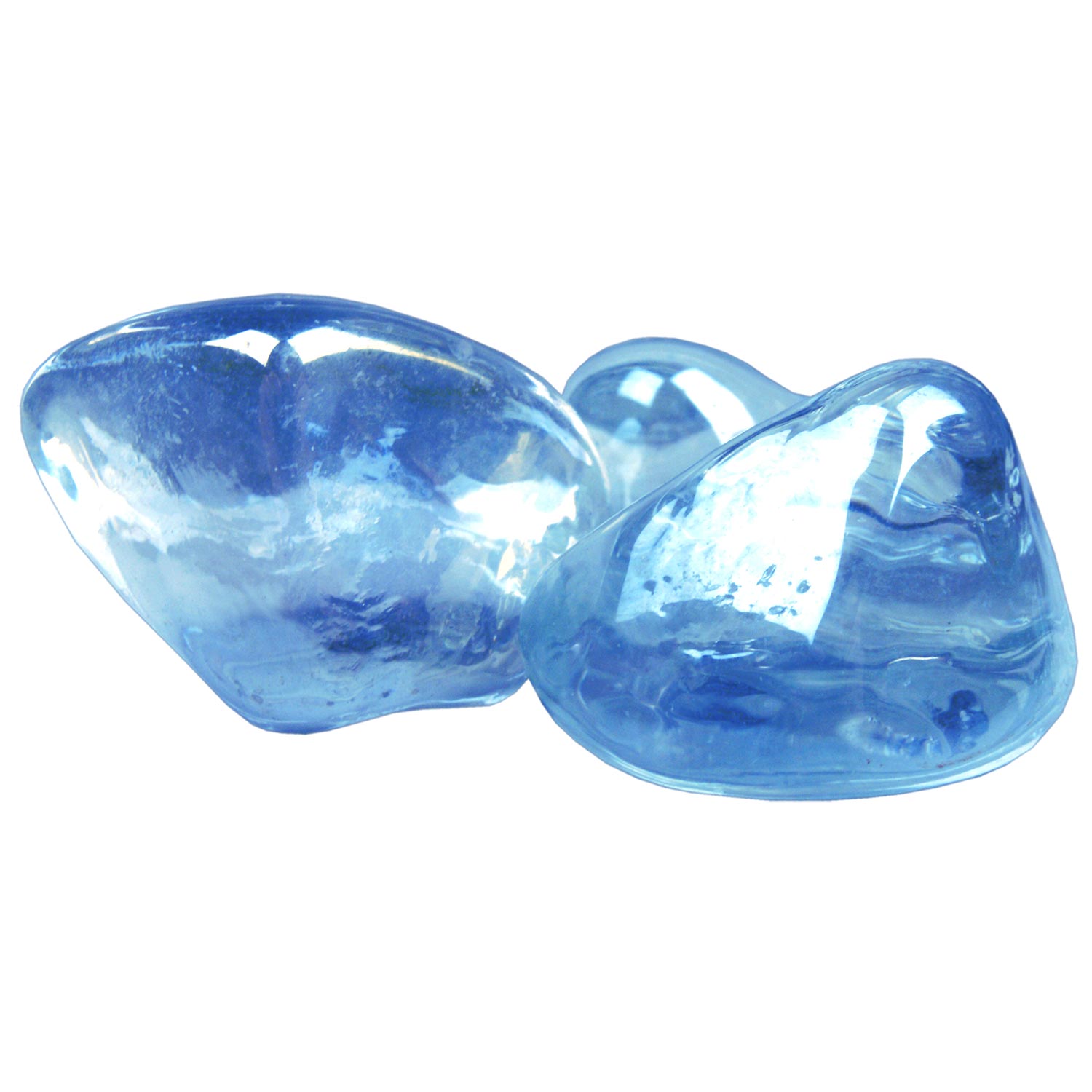 Steel blue diamond nuggets, two glossy glass stones in curved shapes