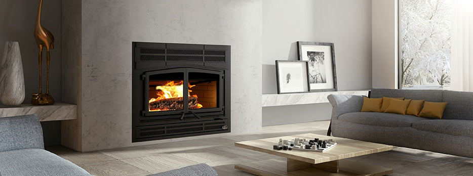 Wood fireplace insert with prairie-style black faceplate and glass door flames