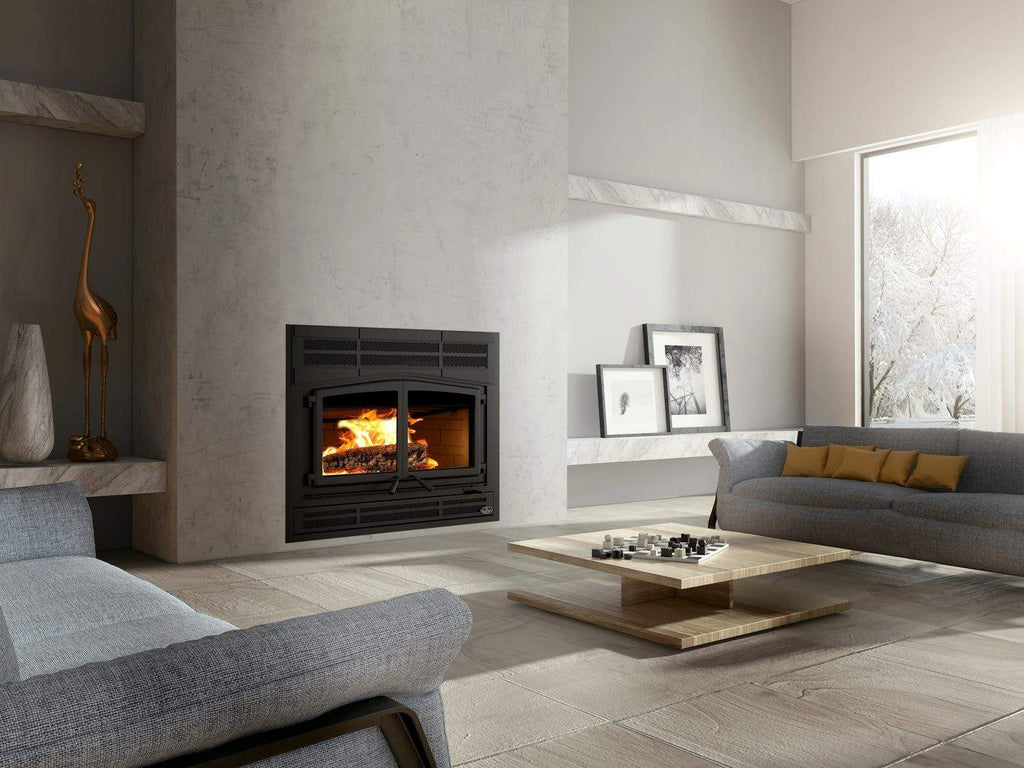 Osburn Horizon Wood Fireplace with Prairie Style Faceplate and Refractory Brick Panels