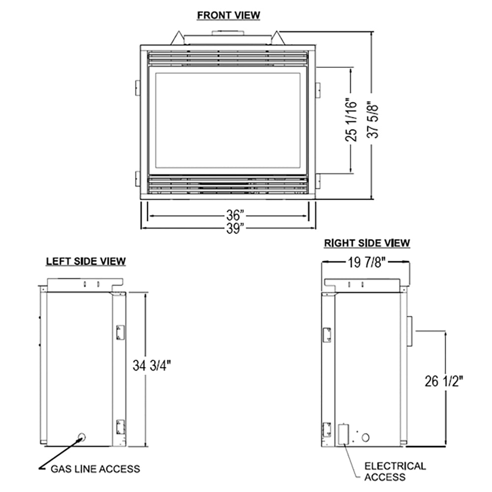 Fireplace insert dimensions diagram with front view, side views, and access points