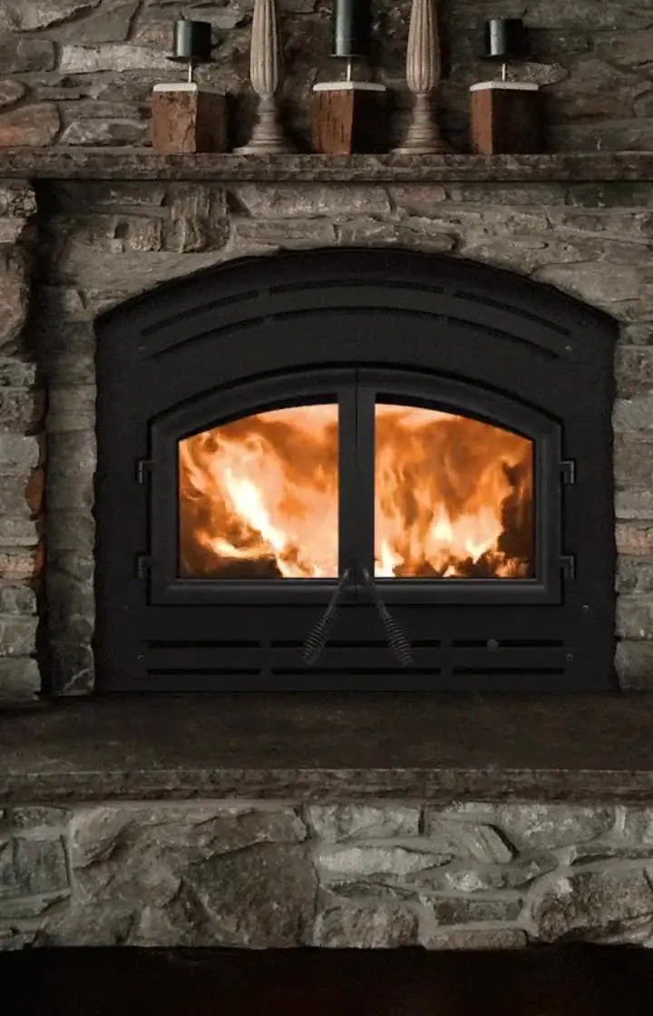 Classic wood-burning fireplace with roaring flames