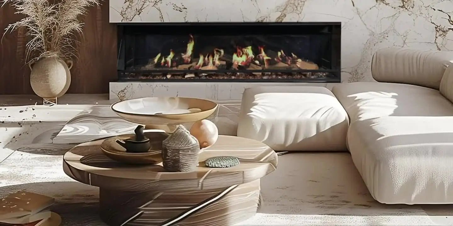 Lifestyle of a modern Ortal electric fireplace in a granite wall with warm beige tones