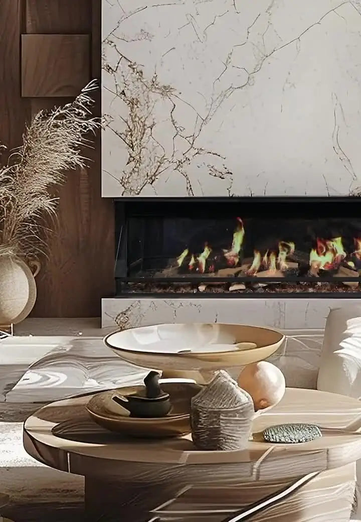 Ortal electric fireplace in a granite wall with warm beige tones