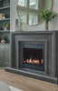 Elegant built-in fireplace at an angle in a modern luxury living room with a dark mantel