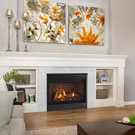 Direct vent gas fireplace with white mantel and black glass firebox, burning flames.