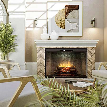 42-inch electric fireplace with glass front and weathered concrete backer, burning logs
