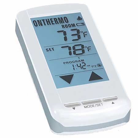 White touchscreen fireplace remote with backlit display, on/off, mode and set buttons