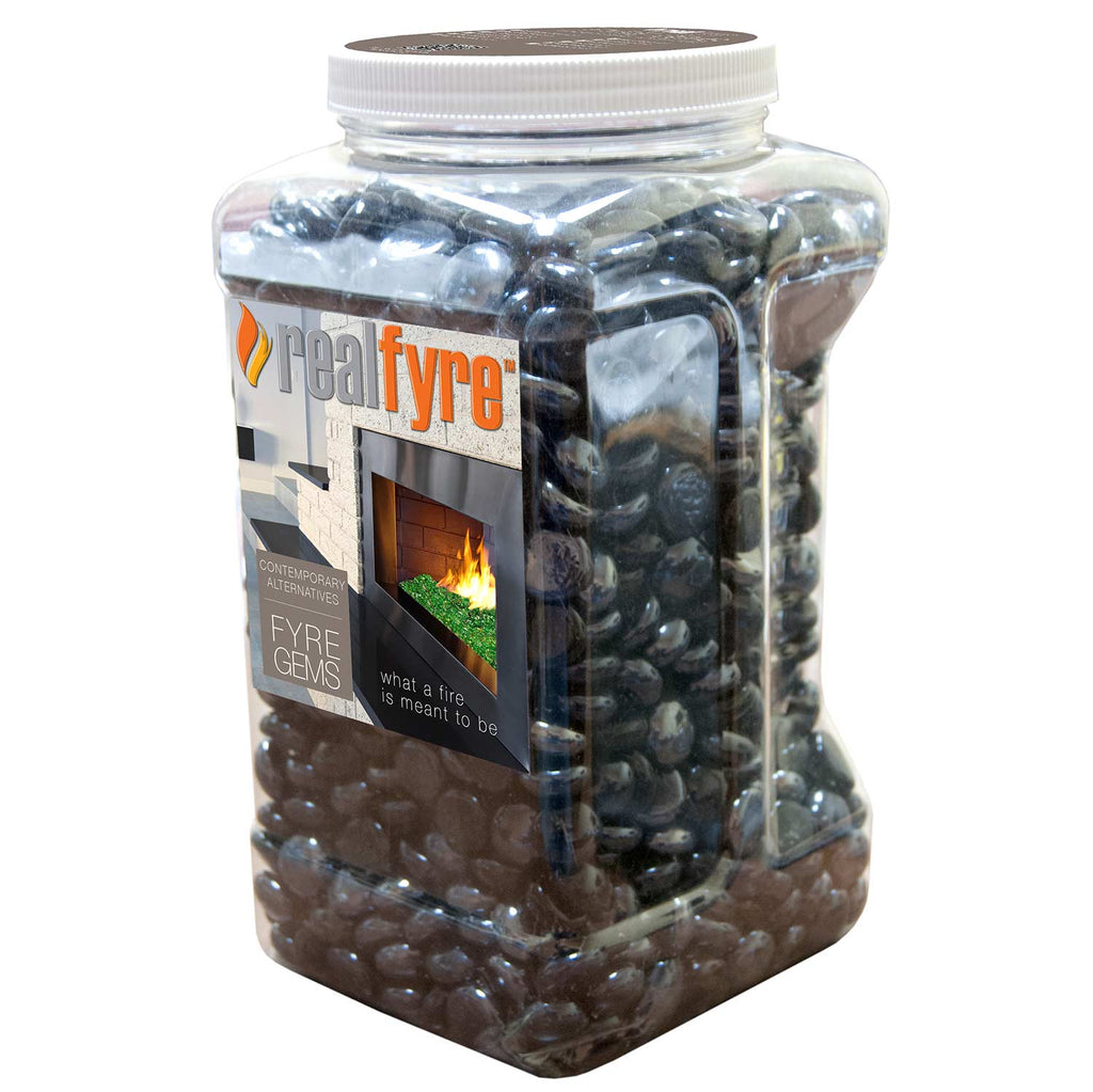 Container of fire glass gems, dark amber and blue rounded stones