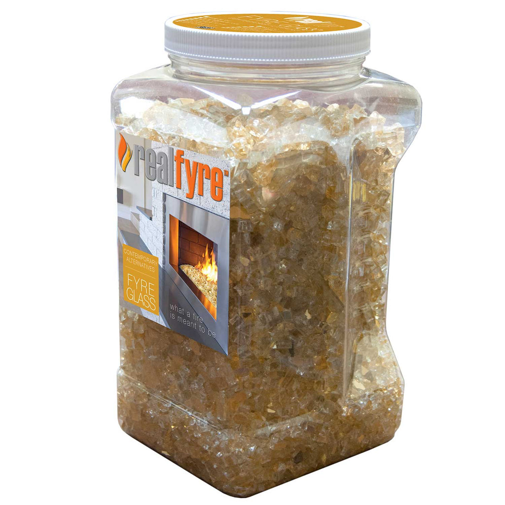 Jar of copper reflective fire glass, clear and amber crystalline pieces