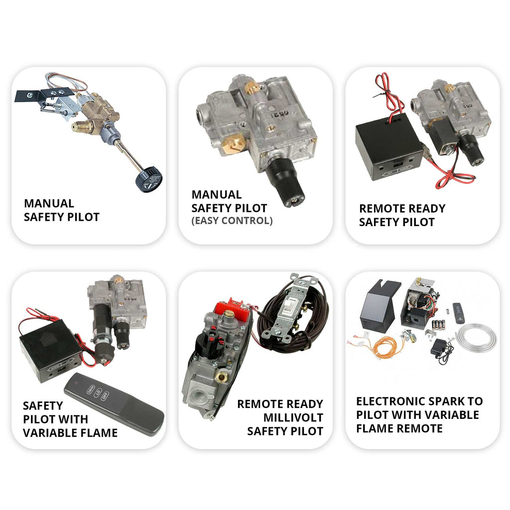 Ventless burner safety pilot kit with valve assembly, wiring, and electronic parts