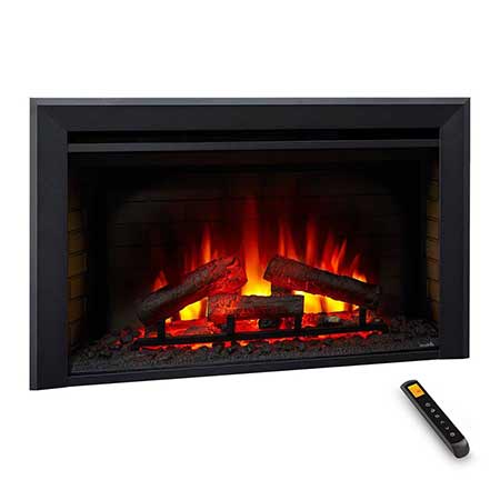 Black built-in electric fireplace insert with flame display and remote control