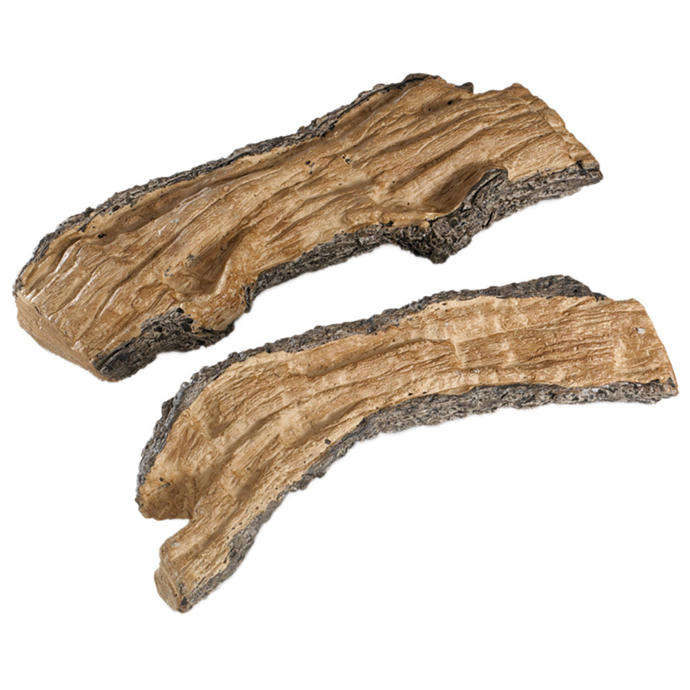 Decorative split fire logs, two brown wood-look pieces with dark bark texture