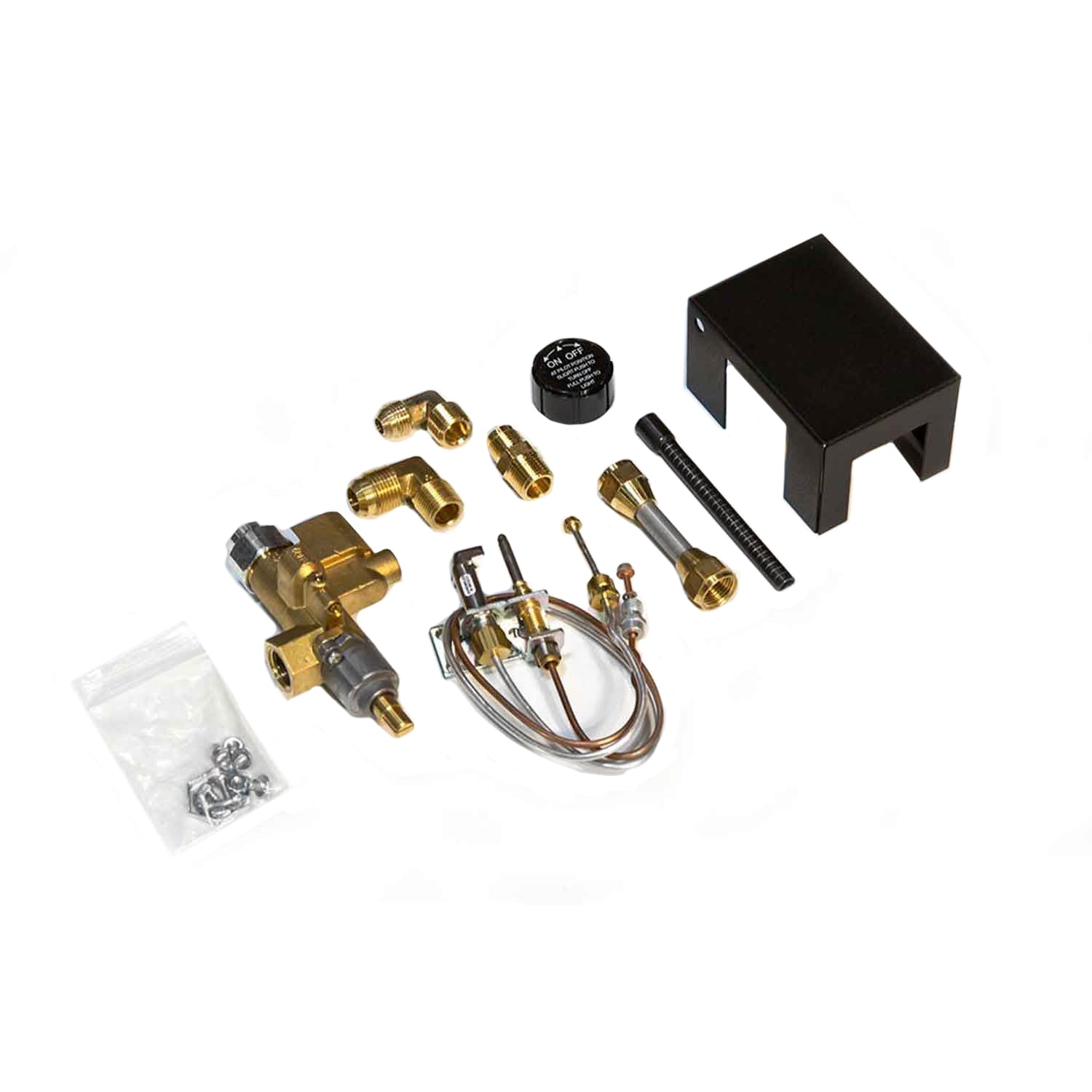 Safety pilot kit components with brass fittings, tubing, black bracket, and mounting hardware