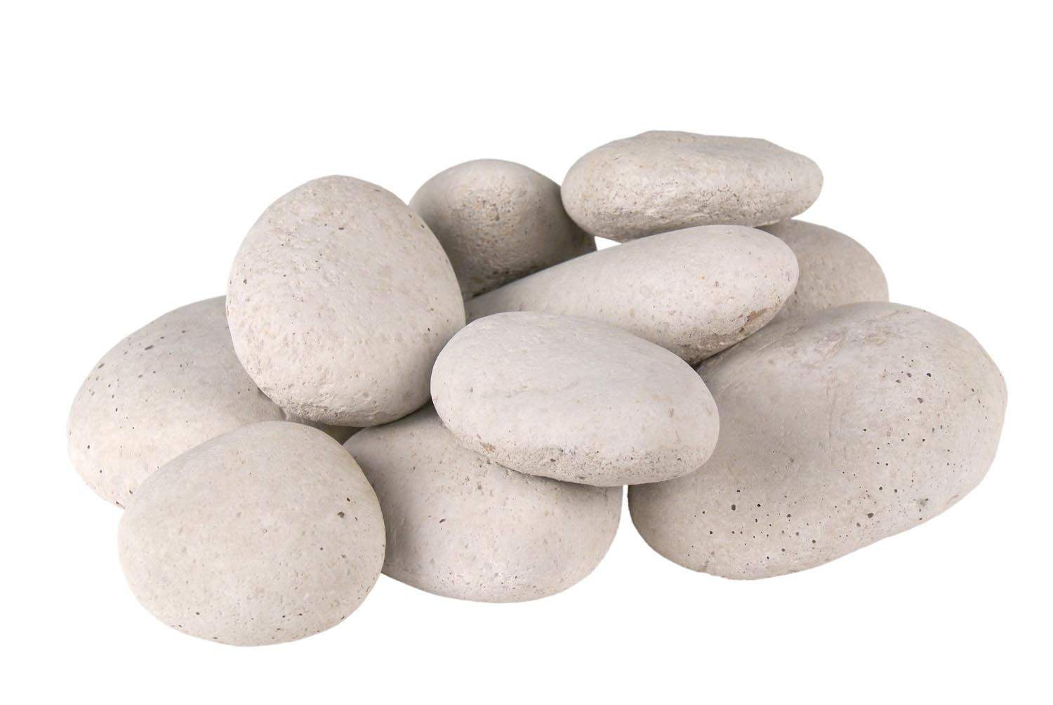 Real Fyre ivory river rock fire stones, smooth oval rocks in a stacked pile