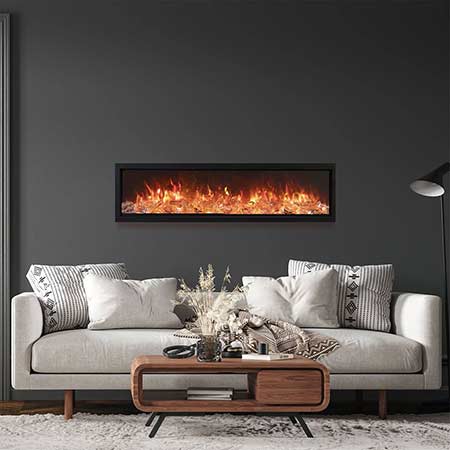Built-in electric fireplace with black frame, wide glass view showing orange flames