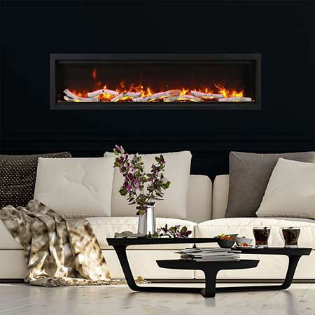 Built-in smart electric fireplace with black surround and visible flame bed