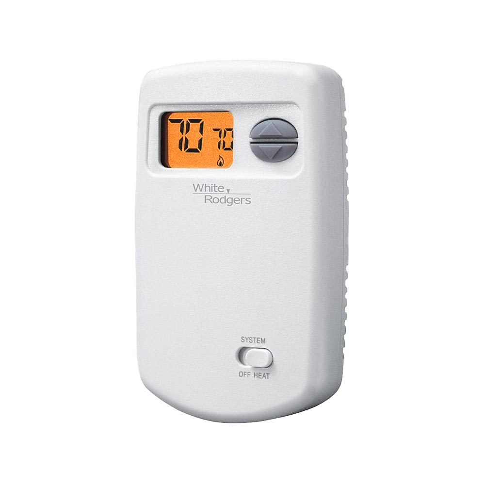 White thermostatic wired wall switch with orange digital display and control dial, White Rodgers