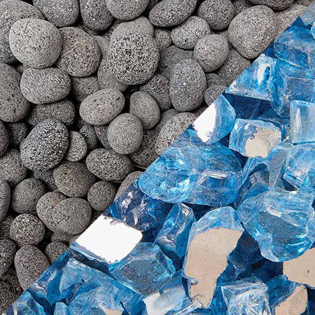 Tumbled lava rock with dark gray stones and scattered blue glass pieces